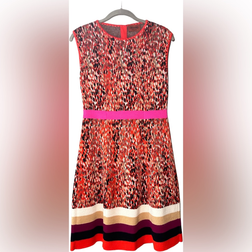 Missoni Multicolor Patterned Midi Dress with Pink Waistband